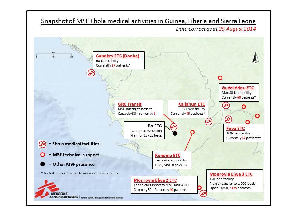 Carte des activités de MSF contre l'Ebola au 25 août 2014