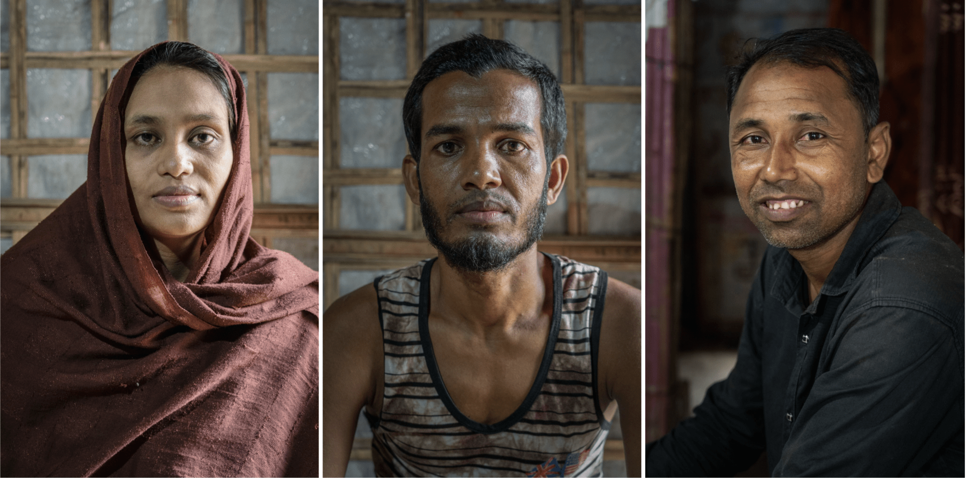 Portraits de Sobida (gauche), Mujibullah (centre) et Shamsul (droite), réfugiés rohingyas vivant dans les camps de Cox'sbazar, au Bangladesh. Tous les trois ont été testés positifs au virus de l’hépatite C.
