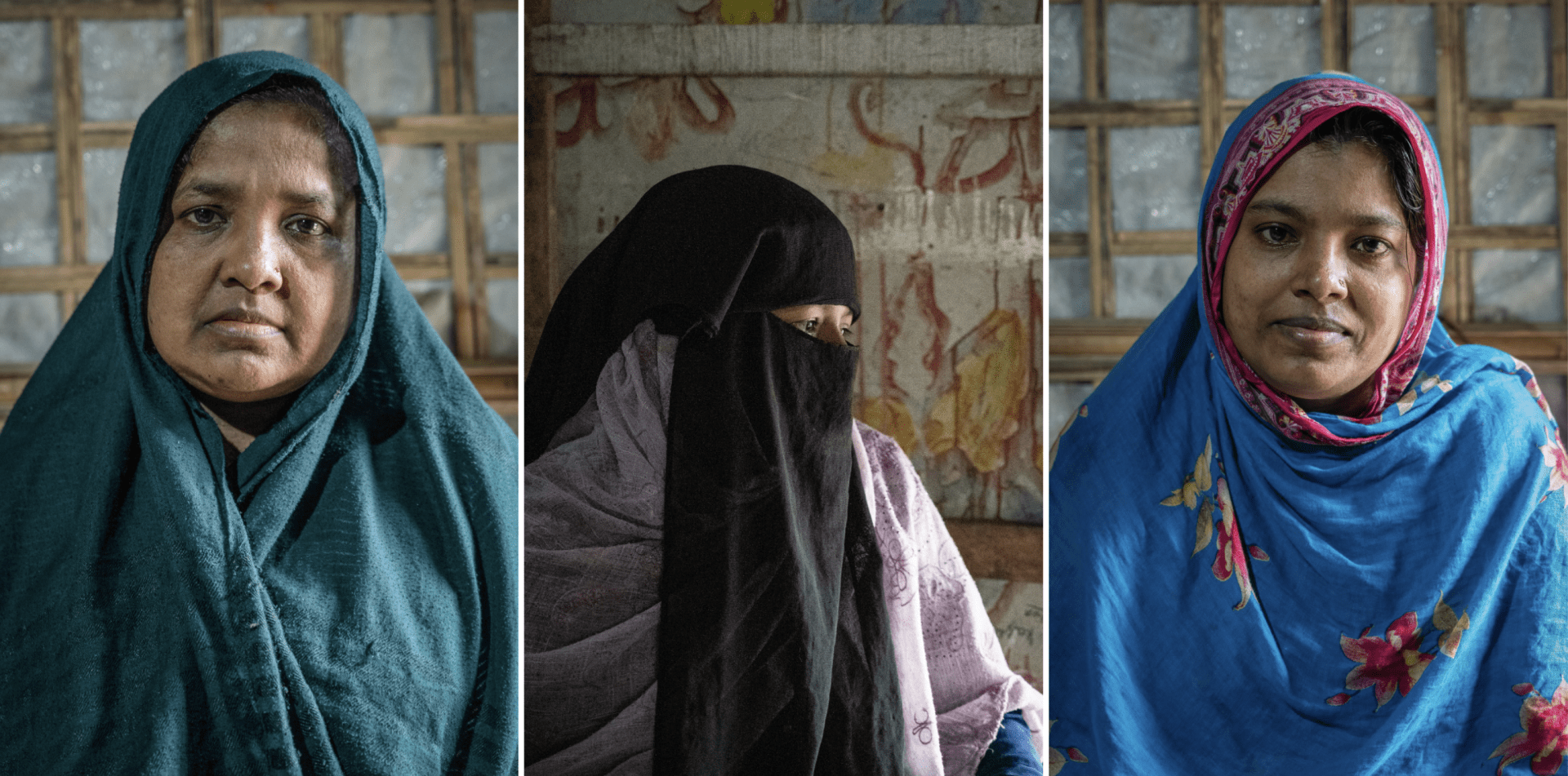 Portraits de Mobina (gauche), Shamsun (centre) et Hamida (droite). Les trois femmes, réfugiés rohingyas vivant dans les camps de Cox’s Bazar, au Bangladesh, ont contracté le virus de l’hépatite C.