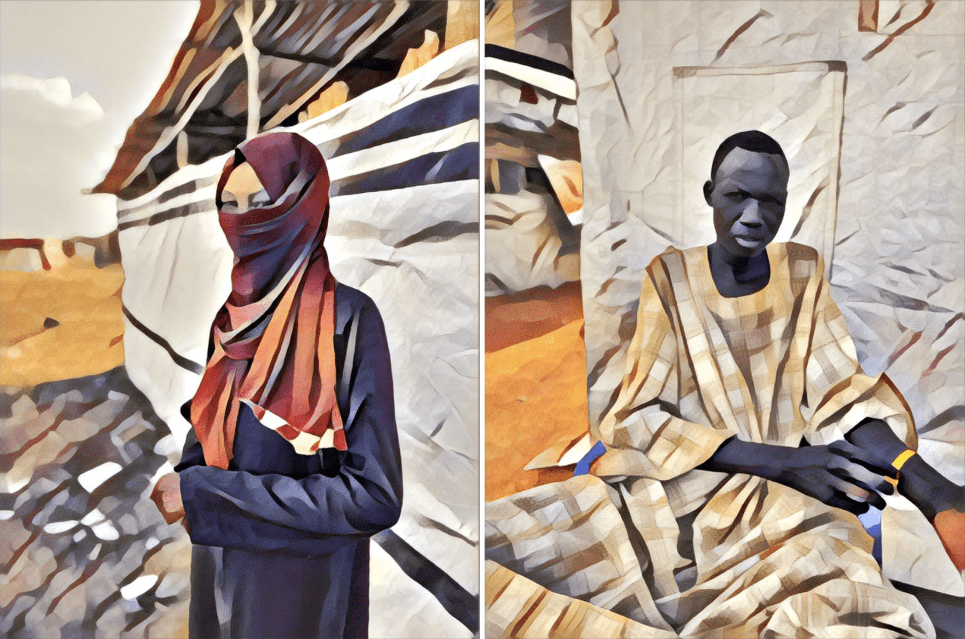 Illustration à partir de photographies de MSF. Portrait d'une jeune Soudanaise ayant fui les combats, Soudan, mars 2024 (gauche). Portrait d'un jeune garçon blessé dans le bombardement d'un entrepôt à Khartoum, Soudan, mars 2024 (droite).