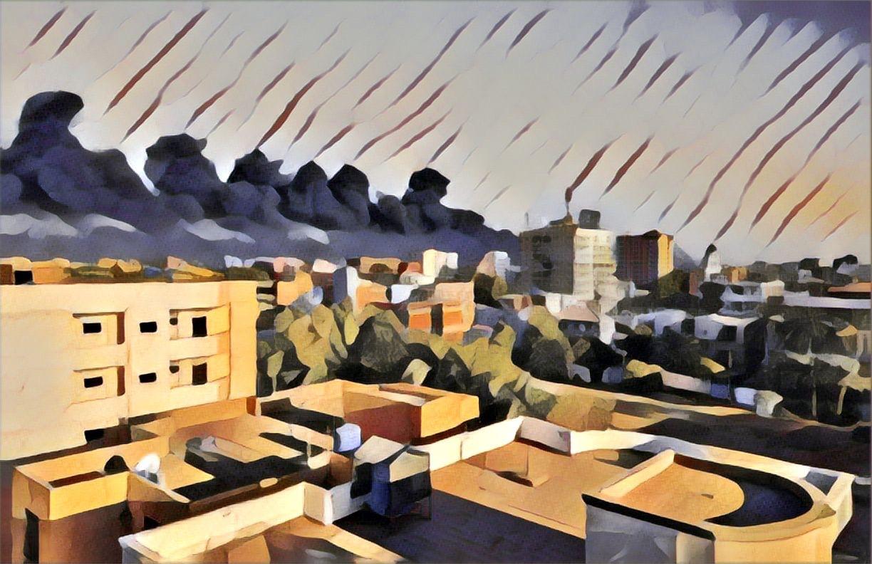 Illustration à partir d'une photographie prise par Atsuhiko Ochiai. Vue générale des combats en cours à Khartoum, Soudan, mai 2023.