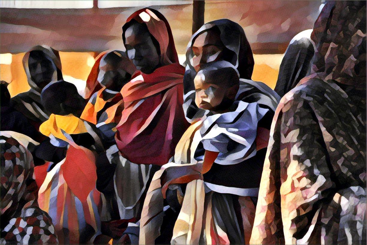 Illustration à partir d'une photographie prise par Mohamed Zakaria. Des femmes attendent à la clinique MSF du camp de Zamzam, situé à proximité de la ville d'El Fasher, au Darfour du Nord. Dans le camp, MSF prend en charge les enfants atteints de malnutrition dans le camp, Soudan, février 2024. 