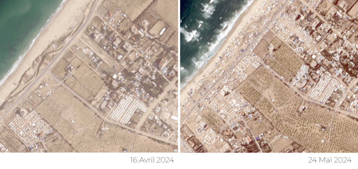 Vues satellite du gouvernorat de Deir al-Balah, zone côtière, Gaza, montrant l’augmentation du nombre de tentes installées par les personnes déplacées fuyant l’offensive israélienne sur Rafah débutée le 6 mai 2024.
 © 2024 Planet Labs