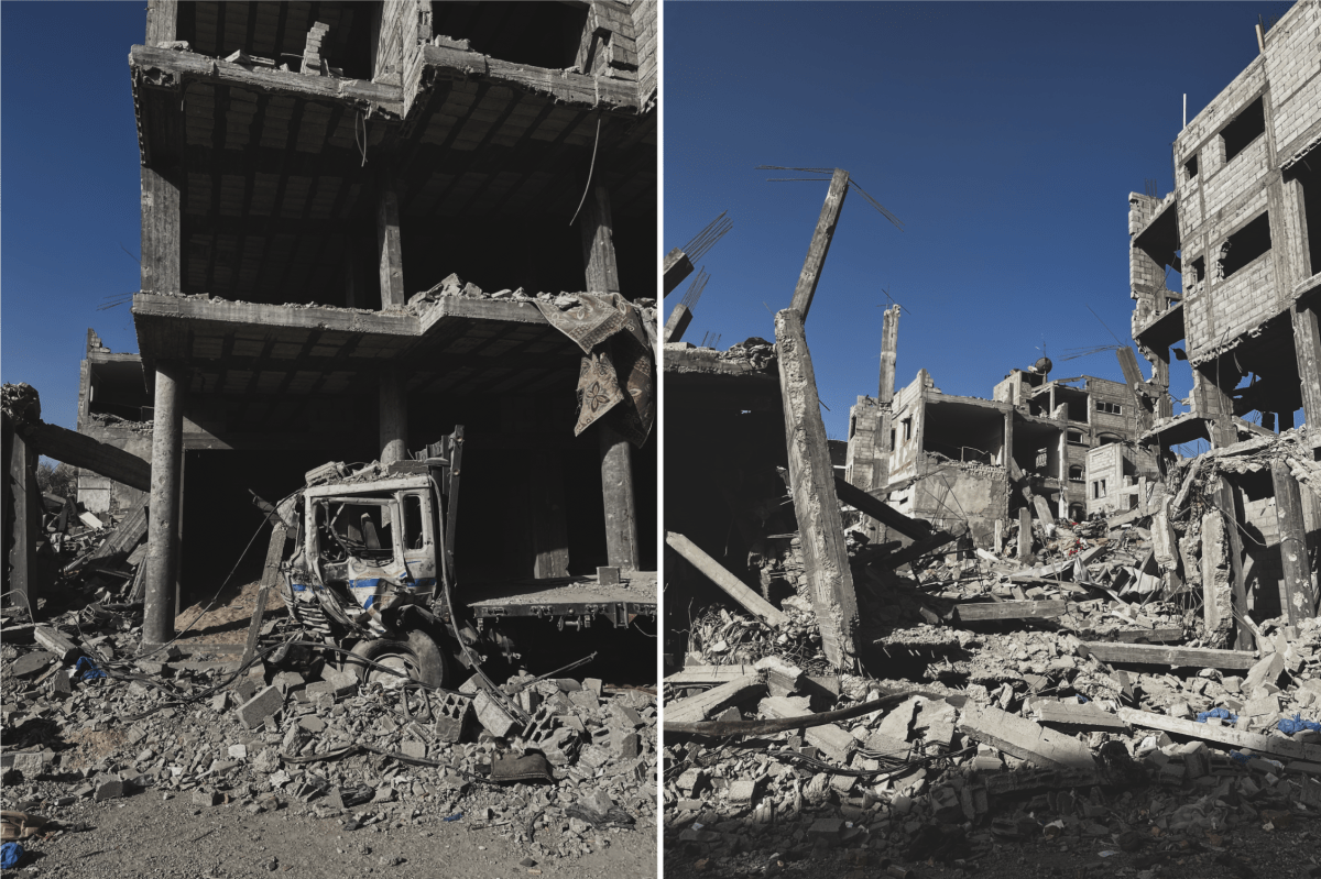 Palestine, Khan Younis, sud de Gaza, 22 avril 2024. Des maisons démolies par les bombardements israéliens sur la route d'Al-Mawasi, à Khan Younis.
 © Ben Milpas/MSF