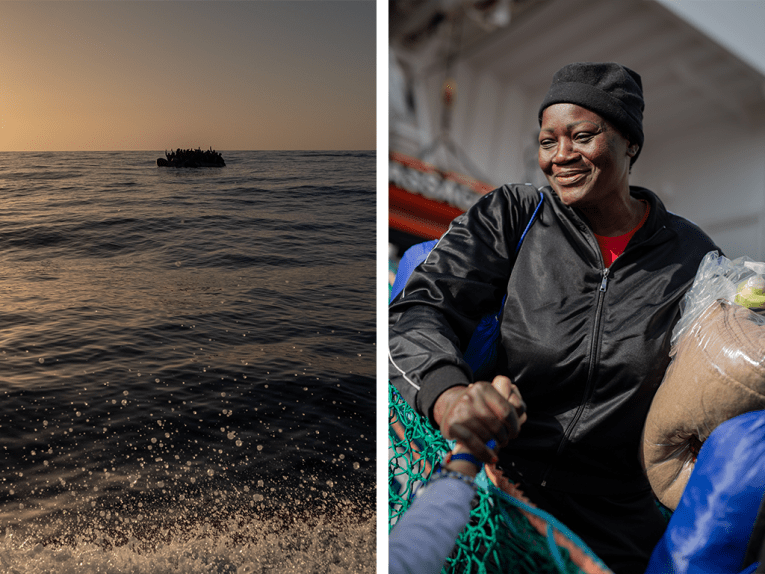 Vue d'un navire en détresse en Méditerranée, depuis le pont du Geo Barents (à gauche). Christelle lors de son débarquement à Salerne, en Italie (à droite).
 © Mahka Eslami