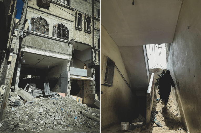 (gauche)&nbsp;Palestine, Rafah, sud de Gaza, 13 avril 2024. Une petite fille dans une maison démolie dans la ville de Rafah. (droite)&nbsp;Palestine, Khan Younis, sud de Gaza, 28 avril 2024. Une femme et sa petite fille montent les escaliers de leur maison détruite.&nbsp;
 © Ben Milpas/MSF