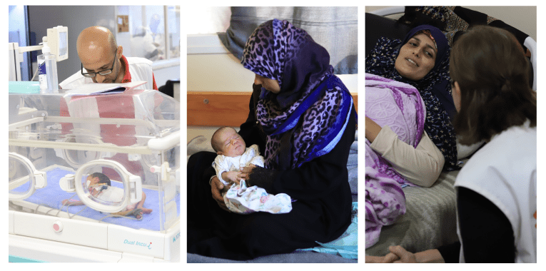 (de gauche à droite) Portraits de Mohammad Shihada, superviseur de l'équipe d'infirmiers de MSF à l'hôpital Nasser, de Khadra, une patiente qui vient de donner naissance à son enfant et de Suad, qui vient tout juste d'accoucher.
 © Mariam Abu Dagga/MSF
