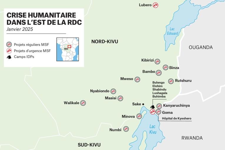 Carte des projets réguliers et d'urgence de MSF au Nord et au Sud-Kivu, RDC, janvier 2025.
 © MSF